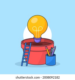 Light bulb lamp plant on pot with ladder and office student tools vector illustration for growing bright idea visual concept design