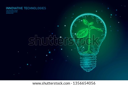 Light Bulb lamp saving energy ecology concept. Polygonal light blue sprout small plant seedling inside electricity green energy power banner vector illustration