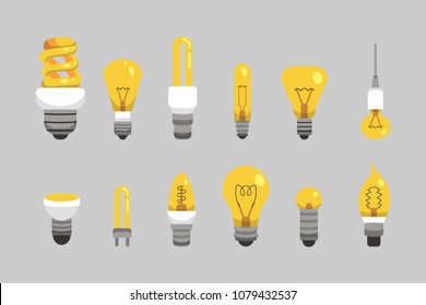 Light bulb and lamp set in cartoon style. Main electric lighting types vector. Idea illustration.