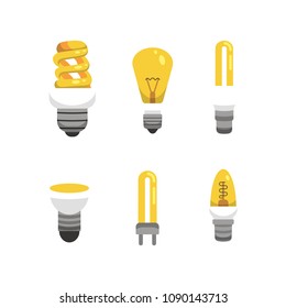 Light bulb and lamp set in cartoon style. Main electric lighting types vector. Idea illustration.
