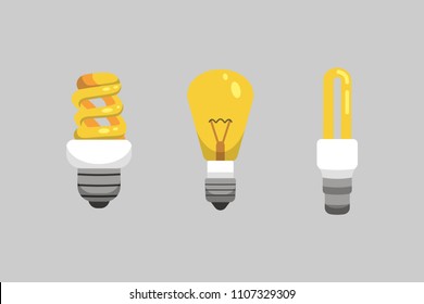 Light bulb and lamp set in cartoon style. Main electric lighting types vector. Idea illustration.