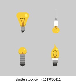 Light bulb and lamp set in cartoon style. Main electric lighting types vector. Idea illustration.