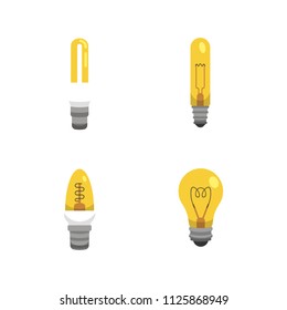 Light bulb and lamp set in cartoon style. Main electric lighting types vector. Idea illustration.
