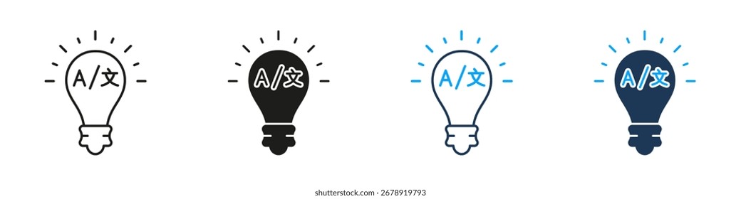 Bombilla Con Línea De Símbolos De Lenguaje Y Conjunto De Iconos Sólidos. Colección De Símbolos De Traducción, Comunicación Multilingüe Y Aprendizaje De Idiomas. Comunicación global. Ilustración vectorial aislada.