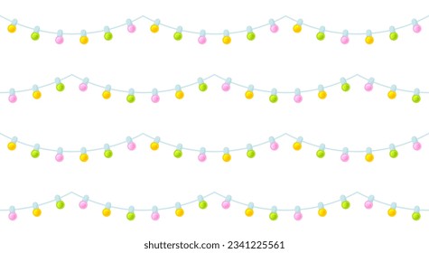 Light bulb lantern garland seamless pattern flat. Festive background wrapping paper festival backdrop colorful bright lamp decoration holiday wrap christmas canvas glass balls summer pastel cuteprint
