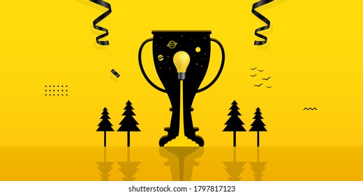 Light bulb launching inside trophy hole on yellow background