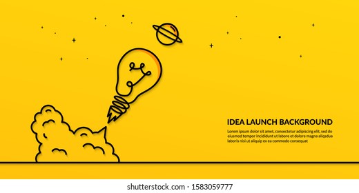 Light bulb launching to space on yellow background, flat start up idea concept