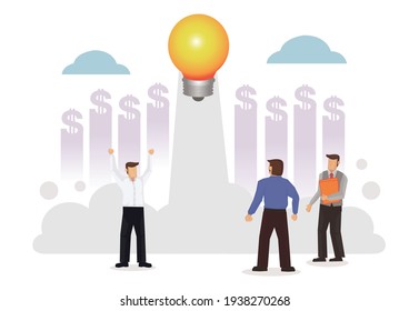 Light bulb launching surrounded by businessmen. Project start up and success development process. Innovation product, creative idea. Concept of start up idea. Flat isolated vector illustration.