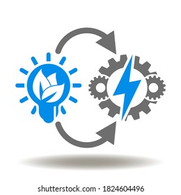 Light bulb with leaf arrows process and cog wheel mechanism with lightning icon vector. Eco Energy Green Power Production Sign.