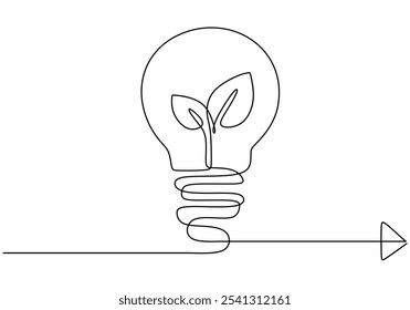 Light bulb and leaf in continuous one line drawing. Go green energy concept focused on sustainable innovation.