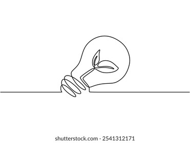 Light bulb with leaf in continuous one line drawing. Environment-friendly energy and sustainability concept.