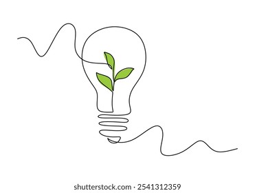 Light bulb with leaf in continuous one line drawing. Go green energy concept promoting eco-friendly electricity.