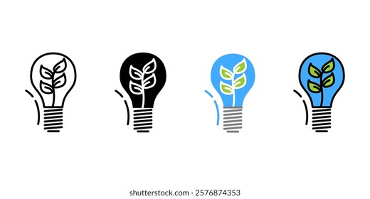 light bulb with leaf icon. Green electricity illustration. Sustainable energy symbol. Renewable energy or power sign. Eco lamp pictogram.