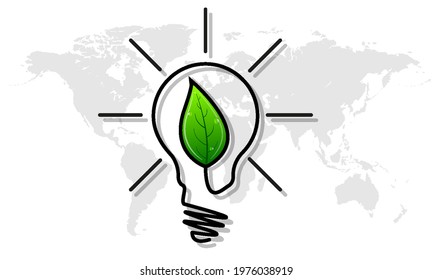 Light bulb with leaf on world map background, vector art illustration.