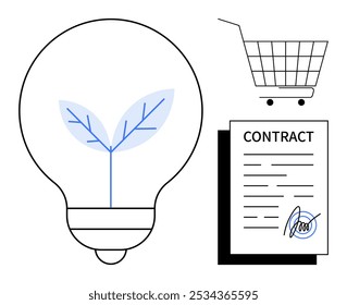 Lâmpada com folha, carrinho de compras e contrato assinado. Ideal para negócios, inovação, sustentabilidade, práticas ecológicas e conformidade legal. Estilo limpo e moderno