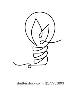 Light Bulb With Leafs,one Line Art,hand Drawn Continuous Contour.Green Energy Idea Concept.Sign Of Environmental Friendliness.Decoration For Banners,stories,posters.Editable Stroke.Isolated.Vector 