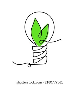 Light bulb with leafs,one line art,hand drawn continuous contour.Green energy idea concept.Sign of environmental friendliness.Decoration for banners,stories,posters.Editable stroke.Isolated.Vector 