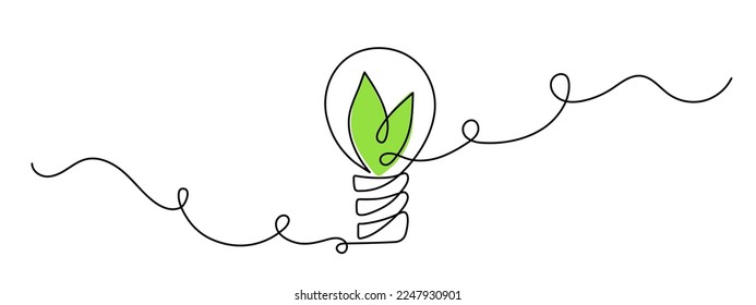 Light bulb with leafs,one line art,hand drawn continuous contour.Green energy idea concept.Sign of environmental friendliness.Decoration for banners,stories,posters.Editable stroke.Isolated.Vector 