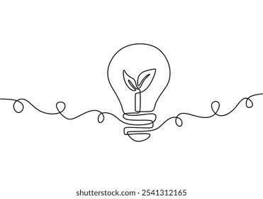 Light bulb with leaves in continuous one line drawing. Go green energy concept for eco-friendly power solutions.