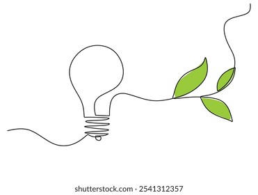 Bombilla y hojas en un dibujo continuo de una línea. Concepto de energía verde que destaca la sostenibilidad y la innovación.