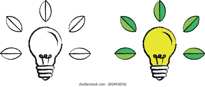 Bombilla de luz con hojas, vector de icono de línea de energía verde. Aislado sobre fondo blanco.
