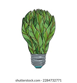 Light bulb with leaves inside. Eco energy concept. Light bulb doodle. Energy saving lamp. Plant in lightbulb. Environmentally friendly idea. Save energy. Earth day.
