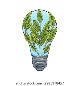 Light bulb with leaves inside. Eco energy concept. Light bulb doodle. Energy saving lamp. Plant in lightbulb. Environmentally friendly idea. Save energy. Earth day.