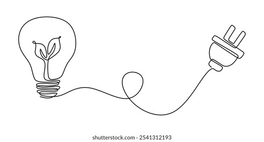 Light bulb with leaves inside linked to a power cord in a continuous one line drawing. Concept focused on green energy. Minimalist hand-drawn design.