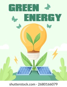 Lâmpada com folhas, painéis solares e borboletas em estilo plano em fundo verde macio. Conceito de energia verde sustentável. Ilustração vetorial