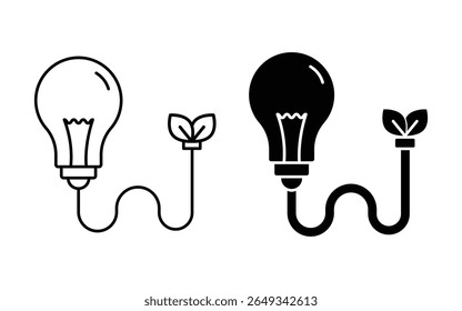 Light bulb with leaves symbolizing green energy and ecology symbol. Bulb Renewable energy Line and glyph icon vector.