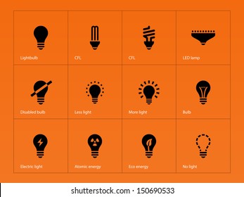 Light bulb and LED lamp icons on orange background. Vector illustration.