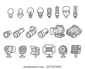 Light bulb and LED spotlight illustration icon set, black and white doodles of lighting equipment line art, minimalist style for catalog projects.