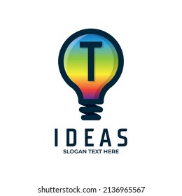 light bulb with letter T logo illustration design, colorful bulb icon illustration, light bulb icon