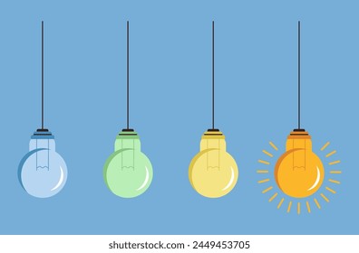Light bulb lightbulb hang on rope idea abstract concept. Vector flat graphic design illustration