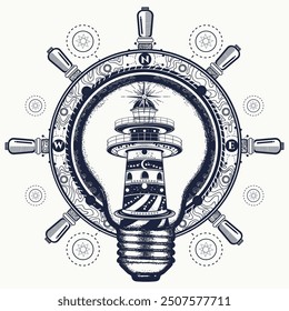 Glühbirne, Leuchtturm und Lenkrad. Tattoo-Stil. Symbol der Seewanderungen, Reisen, Tourismus, Ideen, Traum. T-Shirt Design Konzept