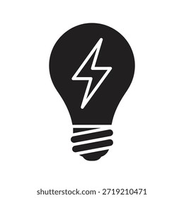 Light bulb lightning bolt energy solid black vector icon isolated white background fast idea power electricity solution symbol graphic design illustration
