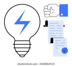 Light bulb with lightning bolt, a hand gesture indicating strength by a fist, and a document with a checkmark. Ideal for energy efficiency, electricity, power, contracts, modern design. Colored in