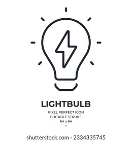 Light bulb with lightning editable stroke outline icon isolated on white background flat vector illustration. Pixel perfect. 64 x 64.