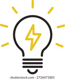 Lâmpada e ícone de raio. Lâmpada e relâmpago. Energia, carregamento, iluminação.