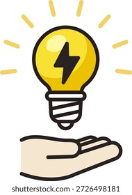 Icono de la bombilla y del rayo. Lámpara y relámpago en una mano. Energía, carga, iluminación.