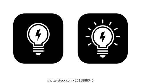 Light bulb with lightning icon on black square. Lamp with flash concept