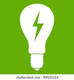 Light bulb with lightning inside icon white isolated on green background. Vector illustration