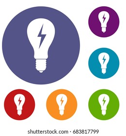 Light bulb with lightning inside icons set