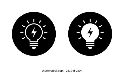 Light bulb with lightning on black circle. Lamp with thunderbolt sign symbol
