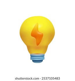 Light bulb with lightning sign 3D cartoon plastic style vector icon. Render electric energy, illumination, lighting. Shiny bright idea or innovative solution symbol. Yellow incandescent bulb isolated