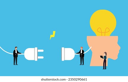 La bombilla se ilumina como una idea creativa, el cerebro carga el concepto de ilustración de 2d vectorial para banner, sitio web, página de aterrizaje, volante, etc