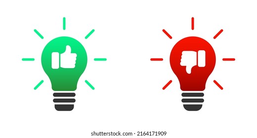 Light Bulb and like dislike symbols. Thumbs up and thumbs down icons. Do and Don't symbols. Vector illustration.