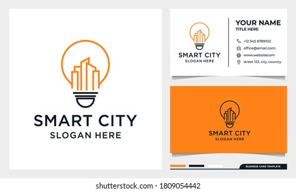 Bombilla ligera con diseño de logotipos de edificios de arte de línea, Smart City, Inmobiliaria, Vector de arquitectura con plantilla de tarjeta de visita