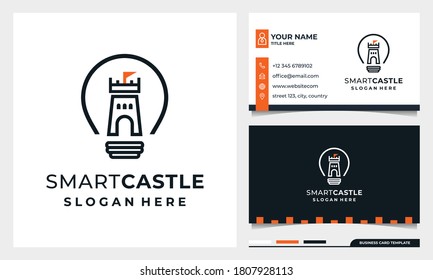 Light Bulb with line art Castle Logo Design, Smart Castle Vector with business card template