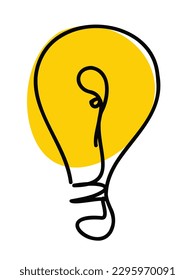 Light bulb line doodle icon. Yellow idea symbol, energy sign, creativity, invention concept. Hand drawn vector illustration isolated on white background
